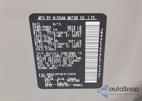 2014 Nissan Quest S z USA, uszkodzony, nr VIN JN8AE2KP8E9103492